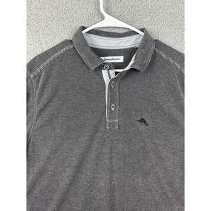 Tommy Bahama Polo Shirt Mens Medium Gray Striped Short Sleeve TENCEL Blend Golf